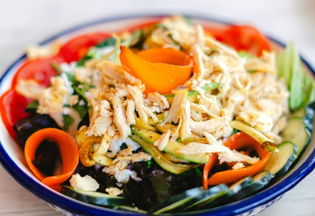 Healthy chicken salad with grilled chicken and balsamic vinaigrette