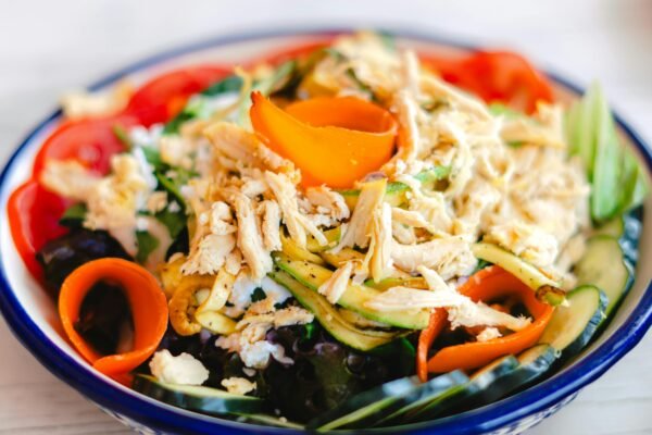 Healthy chicken salad with grilled chicken and balsamic vinaigrette